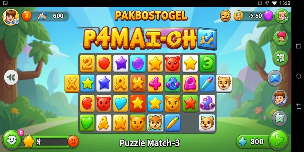 Tampilan antarmuka menarik dari PAKBOSTOGEL dengan elemen Puzzle Match-3.